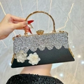 Elegant black evening clutch with sparkling rhinestones and floral accents for weddings - Black
