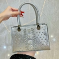 Silver snakeskin leather luxury evening bag featuring crystal flowers and woven handles - Silver