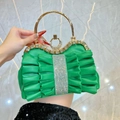 Green ruched evening clutch bag with sparkling diamond trim and golden round handle - Green