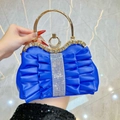 Royal blue pleated evening bag with sparkling crystal trim and gold round metal handle - Blue
