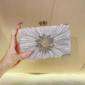 Silver pleated satin evening clutch bag with radial rhinestone flower and jewel clasp - Silver