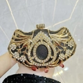 Elegant gold hollow floral evening clutch bag with diamonds on black glitter background - Black