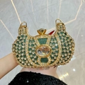 Luxury green rhinestone evening clutch bag with emerald-cut gemstone and gold frame - Green