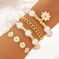 Four-piece Bohemian gold chain bracelet set with white daisies and faux pearls - Gold Four-piece Bracelet Set (27766-gold)
