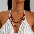 Multilayer beaded necklace with red and silver pearls and black chain accent - Triple Layer Pearl Texture Style / Red White Silver Black Style (27534-black)