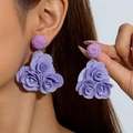 Detail of lavender fabric rose earrings with hand-beaded tassels and floral design - Woven Ball Rose Style (30027-ear-purple-EP) / Purple