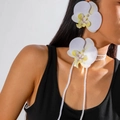 Detail view of large white orchid floral jewelry set with choker and earrings on model - White Orchid Jewelry Set (27513-white)