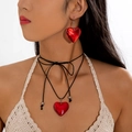 Ensemble collier et boucles d'oreilles avec pendentif cœur rouge et cordon noir - Rouge