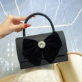 Elegant black glitter evening bag with large velvet bow and crystal rhinestone detail - Black