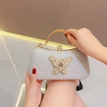 Borsa da sera argento glitterata con farfalla di cristallo e manico dorato per sposa - Argento