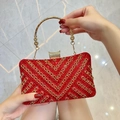 Elegant red and gold rhinestone evening clutch bag with round metal handle and crown clasp - Red