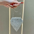 Mini silver evening bag featuring crystal rhinestones and V-shaped tassel chain details - Silver Fringe Rhinestone (XS3068#)