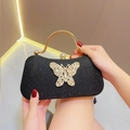Elegante borsa da sera con paillettes nere, farfalla di cristallo e manico oro - Nero