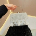 Pochette da sera argento glitterata con fiori bianchi e strass brillanti - Argento