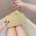 Elegant cream pearl evening clutch bag with gold handle and large pearl clasp - Gold
