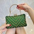 Emerald green rhinestone clutch bag with gold ring handle for evening parties - Green