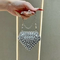 Luxury silver heart-shaped mini evening bag encrusted with sparkling rhinestones and chain - Silver Round Chain Rhinestone (XS3068#)