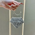 Luxury diamond-shaped mini lipstick bag with sparkling silver rhinestones and chain - Black Round Chain Rhinestone (XS3068#)