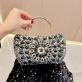 Luxury black and silver rhinestone evening clutch bag with sparkling floral pattern - Black