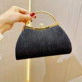 Elegant black pleated evening clutch bag with golden ring handle and crystal buckle - Black