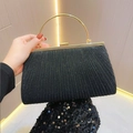 Elegant black pleated evening clutch bag with golden metal handle for formal parties - Black