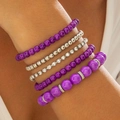 Five-piece bohemian purple beaded bracelet set featuring silver metallic beads and rhinestones - Purple Stone/Silver/Rhinestone 5-Piece Set (25593-purple)