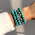 Bohemian stacked bracelet set with turquoise beads, silver beads and rhinestone chain - Turquoise Texture/Silver/Rhinestone Stack (25593-1-green)
