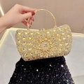 Luxury gold evening clutch with radiating rhinestones and a metal ring handle - Gold