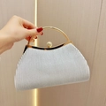 Silver satin pleated evening clutch bag with sparkling rhinestone closure and gold ring handle - Silver-Gold Hardware