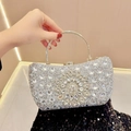 Sparkling silver rhinestone clutch with ornate floral pattern and circular metal handle - Silver