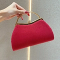 Elegant red pleated evening clutch bag with round metal handle and crystal clasp - Red