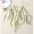 Detailed texture of floral silk sun protection mask with delicate ear loops and pleats - Cream White - Yellow Flower Green Leaf