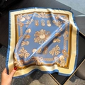 Square silk scarf with light blue base and elegant beige bow prints with contrast borders - 53cm*53cm / Light Blue Shell Bow Print (ZS-593-Blue Border)
