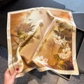 Elegant silk square scarf with golden lotus floral print for retro summer fashion - 53x53cm / Brown