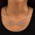 Detailed view of silver vintage choker necklace with spiral metal scroll ends on model - Double Spiral Open Choker / Silver Style (28175-silver)