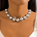 Close-up of vintage large silver bead choker necklace with high mirror polish on model - Large Metal Ball Bead Necklace / Silver Style (28064-silver)