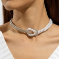 Close-up of double-layered necklace with white pearls and silver beads in a knot design - White Double-layer Spliced Pearl Metal Chain Necklace (30902-nek-S-EP)
