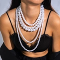 Detailed macro view of layered white faux pearl necklace with multi-strand gradient design - White 5-layer Gradient Pearl Necklace (28117-white)