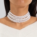 Detail view of a four-layer vintage pearl choker with round white beads on a model - Vintage 4-layer Pearl Choker (28101-white)