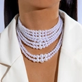 Detailed view of luxury multilayered faux pearl necklace on a white blazer model - Luxury Style 6-layer Artificial Pearl Necklace (28122-white)