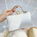 Elegant pearl white pleated evening clutch bag with gold handle and pearl clasp detail - White
