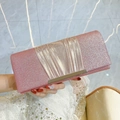 Elegant pink sequin clutch bag with champagne satin pleats and gold metal clasp - Rose Red
