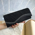 Elegant black pleated clutch bag with double row rhinestones for formal evening events - Black