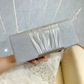 Elegant silver sequin evening clutch bag with pleated satin detail and metal clasp - Silver