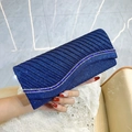 Navy blue pleated glitter evening clutch bag with wave rhinestone trim decoration - Blue