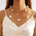 Detail of multilayer baroque pearl necklace with gold chain and cubic zirconia accents - Baroque Artificial Pearl Rhinestone Double Circle Necklace (30280-nek-G white-1)