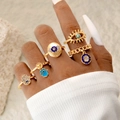 Ensemble de bagues bohèmes dorées avec main de Fatma, œil protecteur et pierres - Ensemble 5 pièces Oeil Maléfique Main de Fatima Émail Bleu (27990-gold)