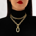 Close-up of double-layer gold chain necklace with chunky oval pendant and T-bar toggle clasp - Gold Double Layer OT Clasp Oval Ring Style (28239-1-gold)