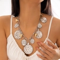 Close-up of layered chunky aluminum chain with hammered silver coins and gold heart charms - Vintage Silver & Gold Mixed Coin Heart Multi-Pendant(28846-s)