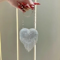Detail of a sparkling heart-shaped evening bag with silver rhinestones and long tassels - Silver Tassel Style (XS306-1#银-流苏)